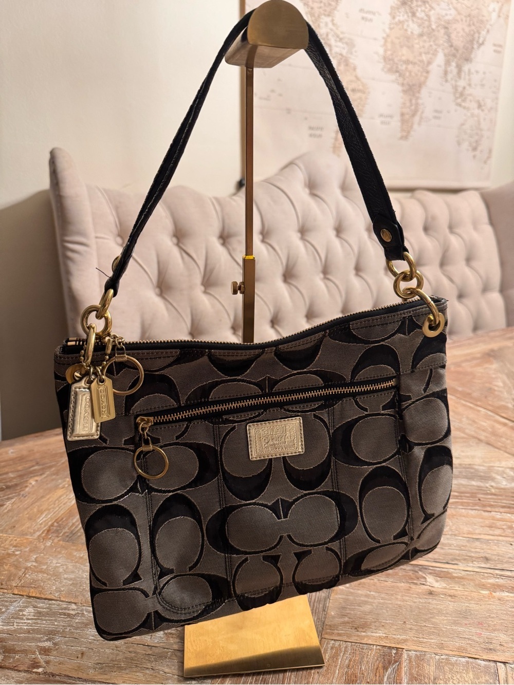 Coach Poppy Black and Brown Signature Jacquard Shoulder Bag